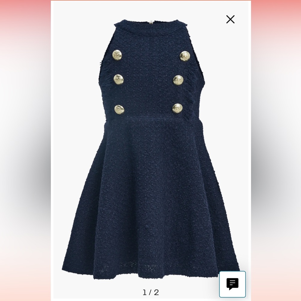 Bardot Junior Sima Bouclé Fit & Flare Dress - Navy, Gold Buttons, Size 16 Girls